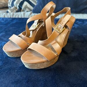 Tan Wedge Sandals with Buckle